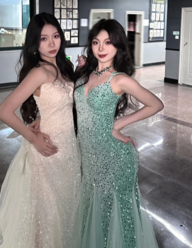 Shiny Mint Green Mermaid Spaghetti Straps Tulle Sequin Without Sleeves Long Prom Dress, Evening Dress