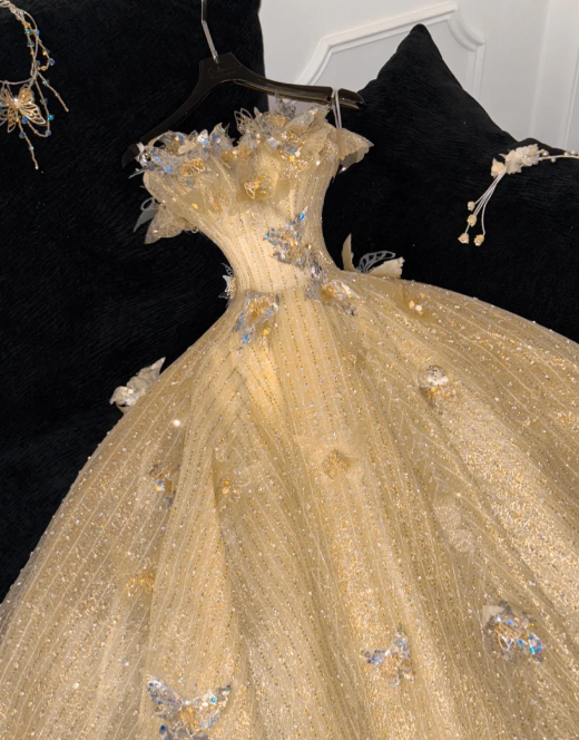 Princess A Line Strapless Tulle Sequin Beaded Without Sleeves Long Prom Dress, Evening Dress