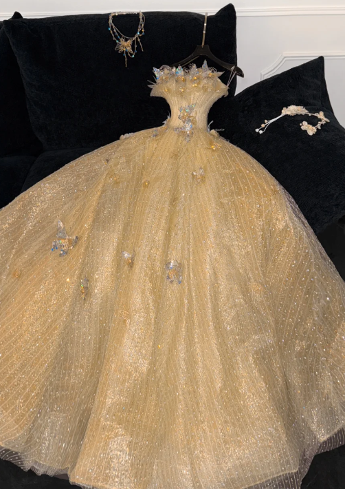 Princess A Line Strapless Tulle Sequin Beaded Without Sleeves Long Prom Dress, Evening Dress