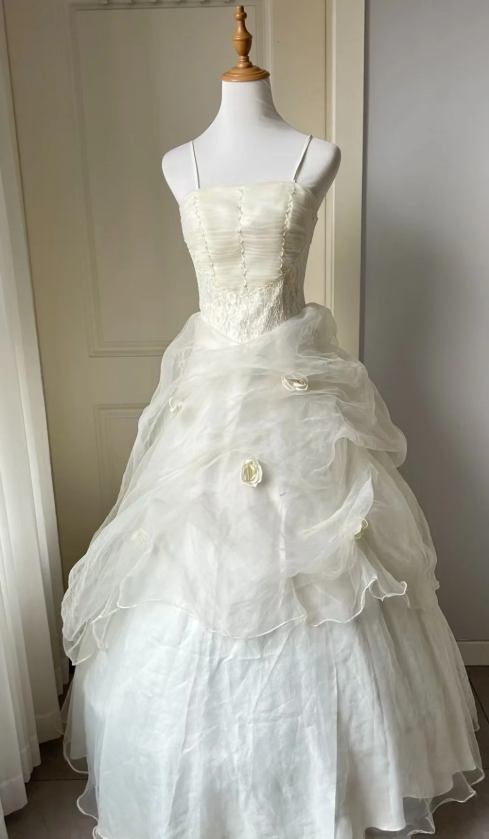 Sweet A Line Spaghetti Straps Satin Tulle Without Sleeves Long Prom Dress, Evening Dress