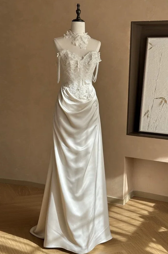 Pretty Mermaid Sweetheart Satin Lace Without Sleeves Long Prom Dress, Evening Dress