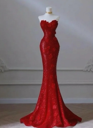 Charming Red Mermaid Sweetheart Satin Sequin Without Sleeves Long Prom Dress, Evening Dress