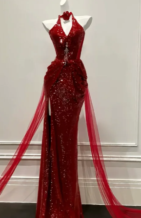 Sexy Halter Burgundy Mermaid Tulle Sequin Slit Without Sleeves Long Prom Dress, Evening Dress