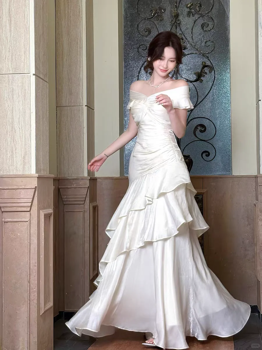 Classy Mermaid Off The Shoulder Tiered Satin Without Sleeves Long Prom Dress, Evening Dress