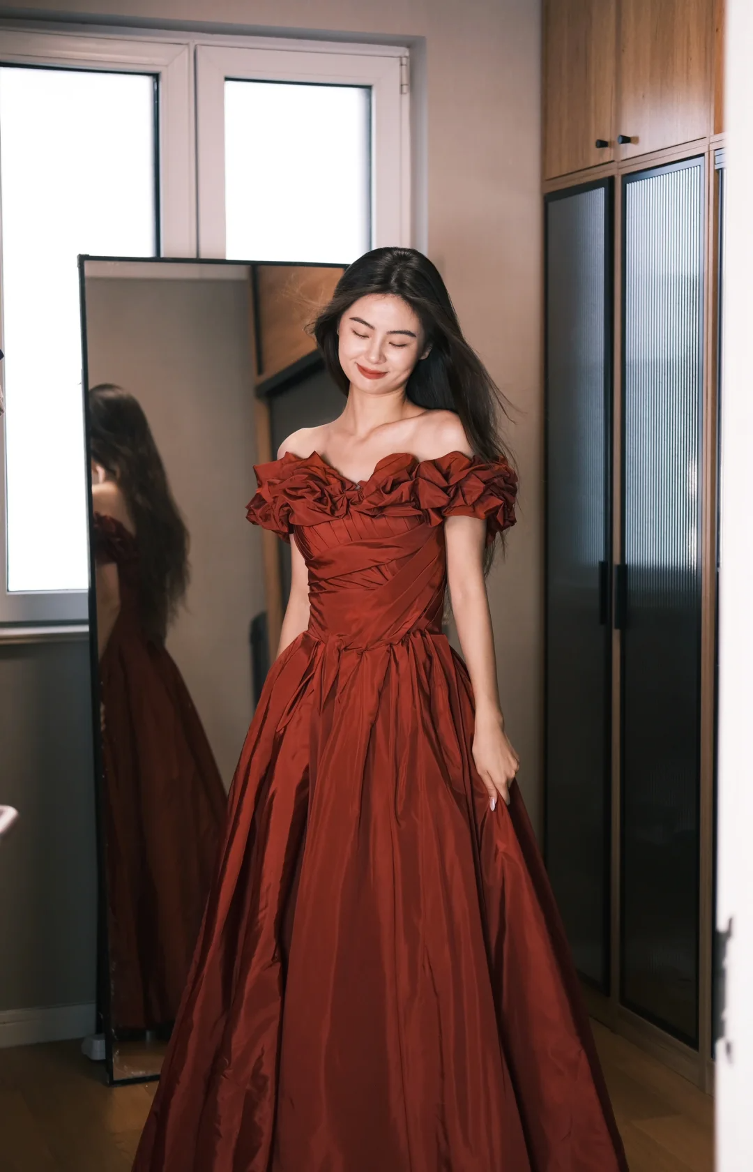 Retro Rust Red A Line Off The Shoulder Satin Without Sleeves Long Prom Dress, Evening Dress