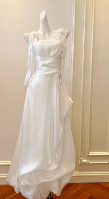 White A Line Square Satin Without Sleeves Long Prom Dress, Evening Dress