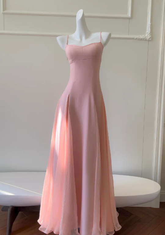 Elegant A Line Spaghetti Straps Satin Chiffon Without Sleeves Long Prom Dress, Evening Dress