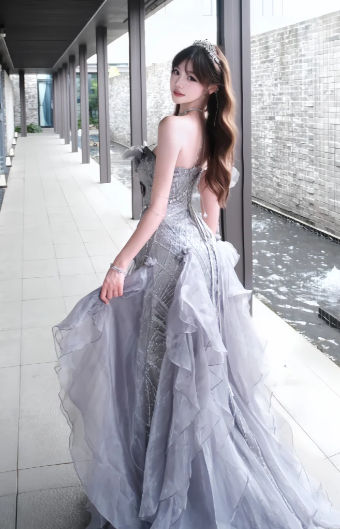 Gorgeous Ball Gown One Shoulder Chiffon Ruffles Sequin Without Sleeves Long Prom Dress, Evening Dress