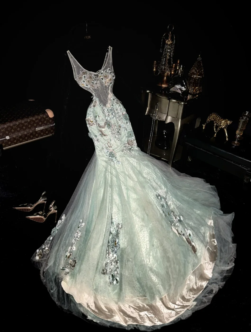Romantic Luxurious Mermaid V Neck Tulle Sequin Applique Without Sleeves Long Prom Dress, Evening Dress