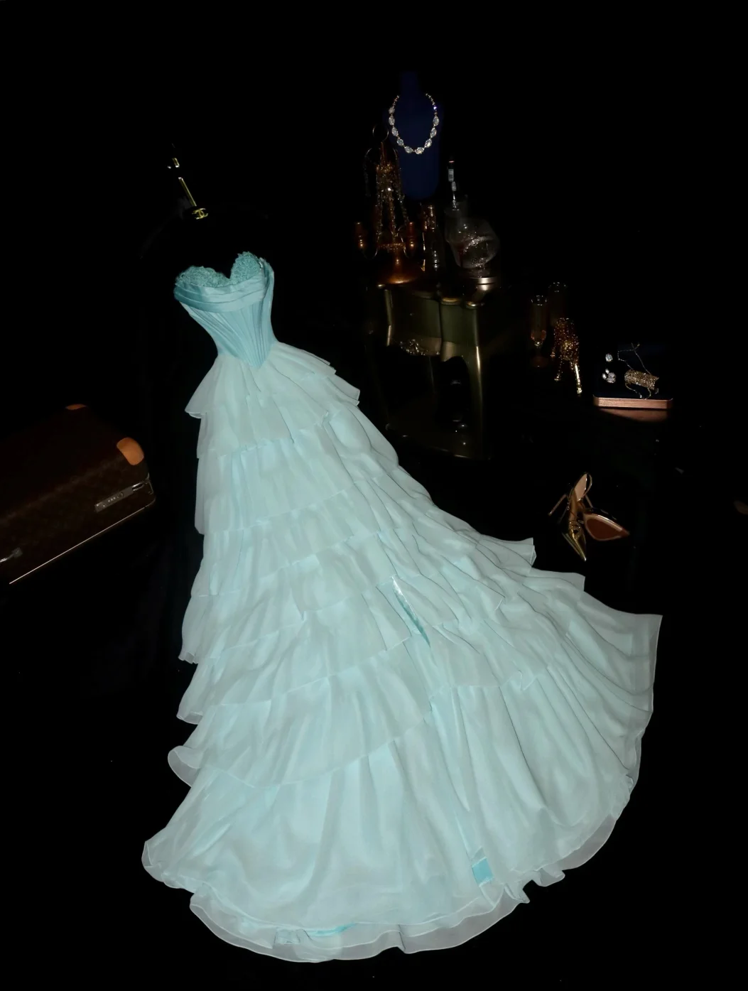 Chic Ball Gown Sweetheart Satin Tiered Chiffon Without Sleeves Long Prom Dress, Evening Dress