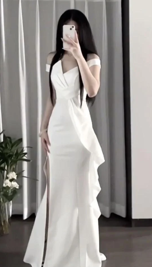Pretty Mermaid Off The Shoulder Satin Ruffles Slit Without Sleeves Long Prom Dress, Evening Dress