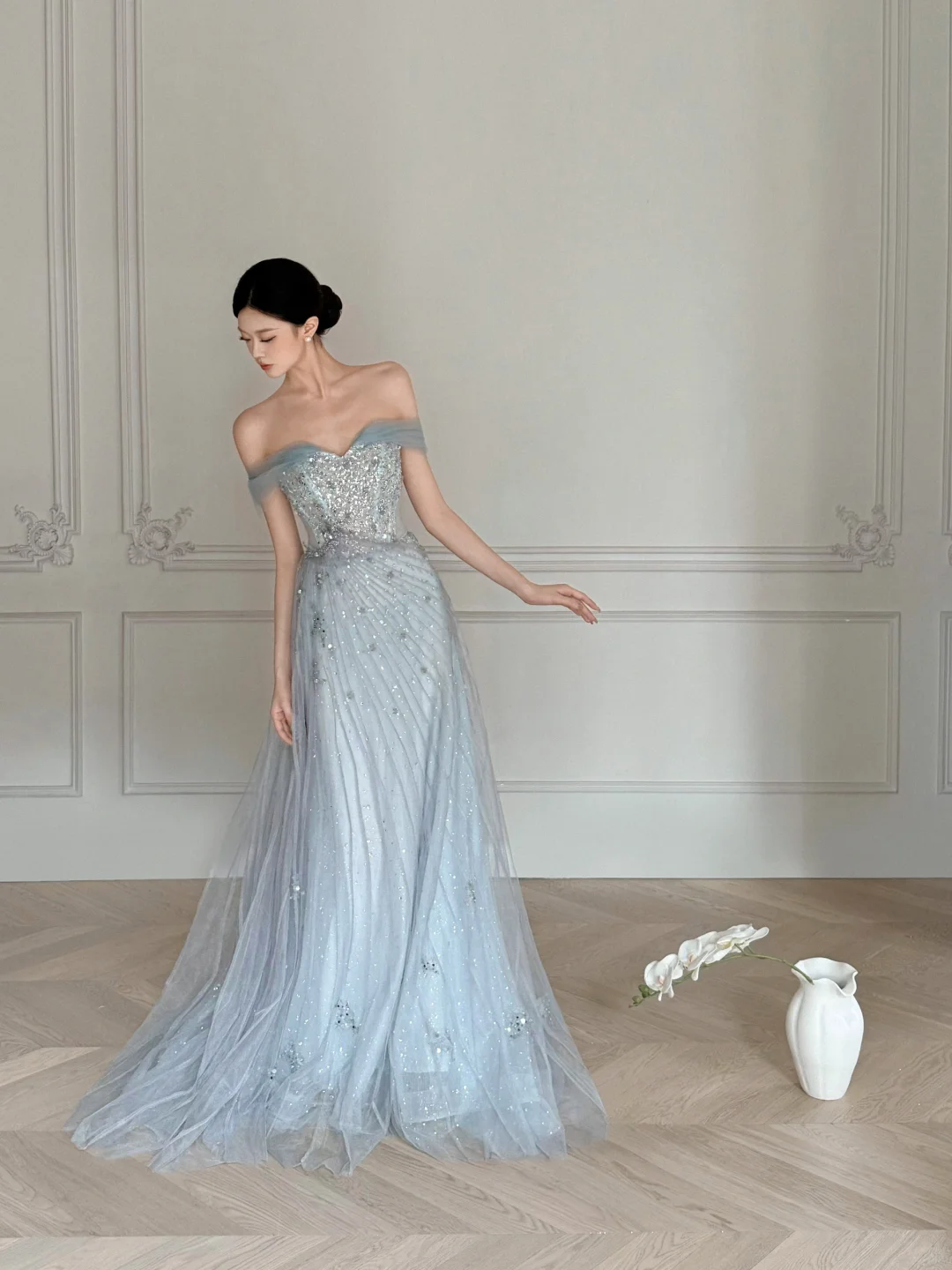 Obsessed A Line Off The Shoulder Tulle Beaded Without Sleeves Long Prom Dress, Evening Dress