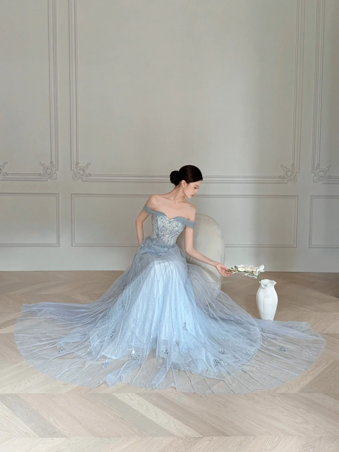 Obsessed A Line Off The Shoulder Tulle Beaded Without Sleeves Long Prom Dress, Evening Dress