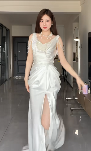 Elegant White Mermaid Satin Beaded Slit Without Sleeves Long Prom Dress, Evening Dress