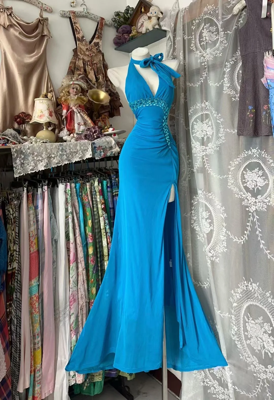 Sexy Blue Mermaid Halter Chiffon Beaded Slit Without Sleeves Long Prom Dress, Evening Dress