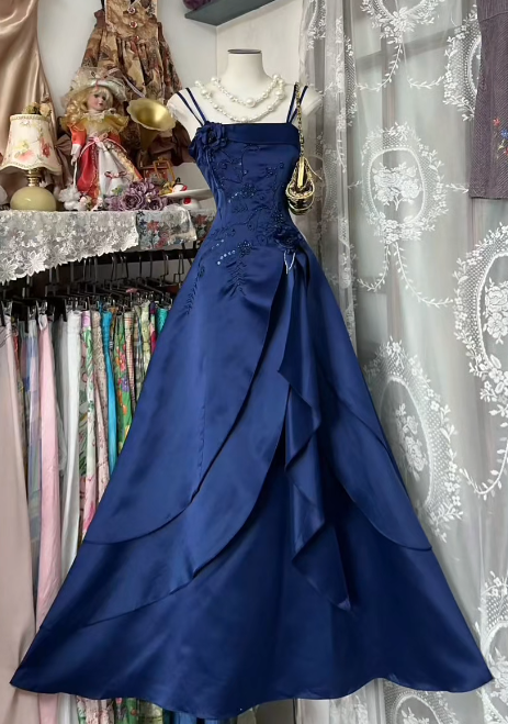 Navy Pretty A Line Spaghetti Straps Satin Without Sleeves Long Prom Dress, Evening Dress
