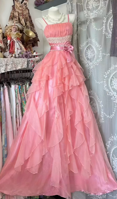Cute Soft Pink A Line Spaghetti Straps Ruffle Chiffon Without Sleeves Long Prom Dress, Evening Dress
