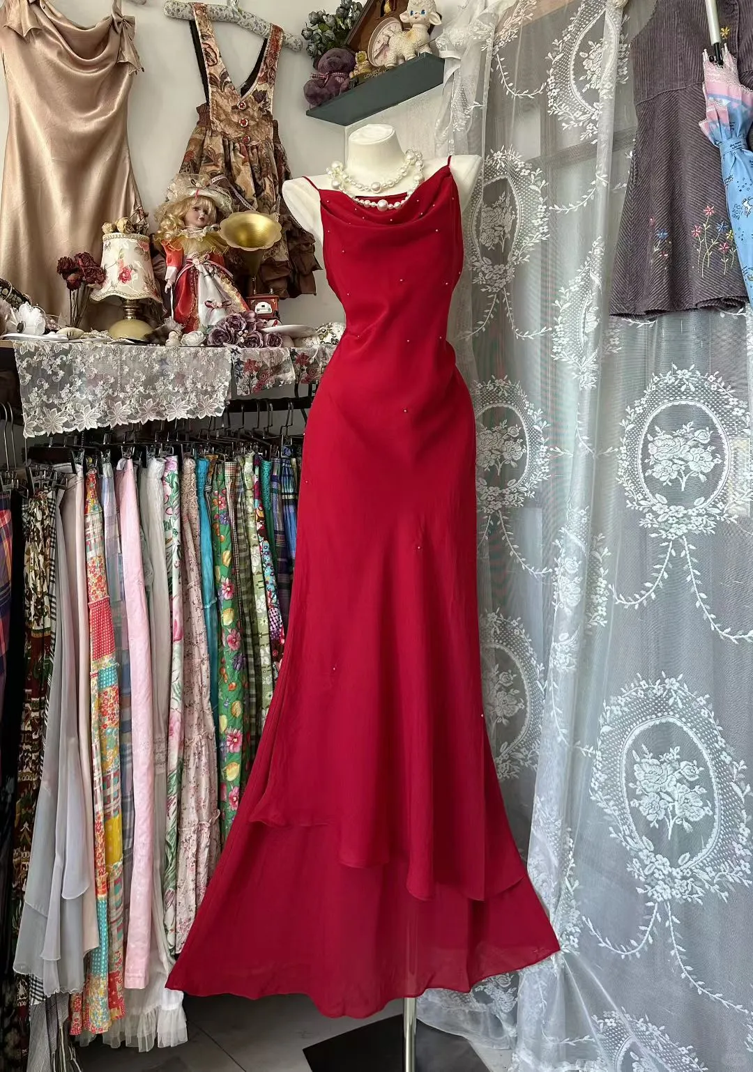 Charming Mermaid Red Spaghetti Straps Chiffon Beaded Without Sleeves Long Prom Dress, Evening Dress