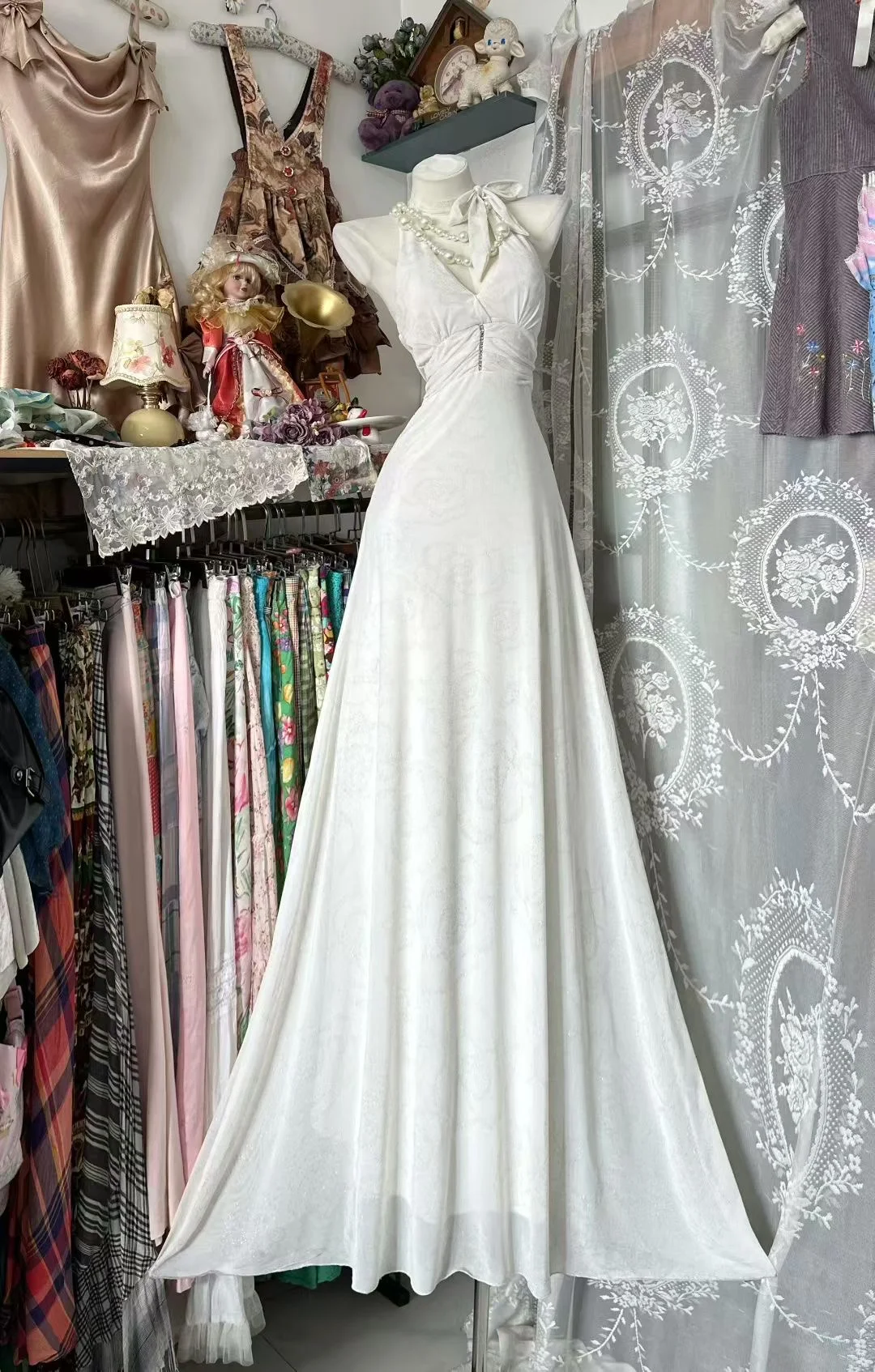 Elegant White A Line Halter Satin Without Sleeves Long Prom Dress, Evening Dress