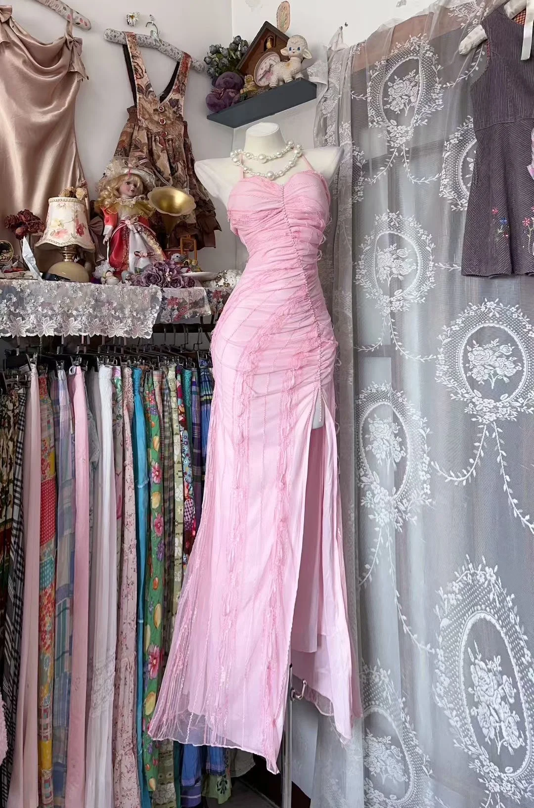 Pretty Pink Mermaid Halter Satin Tulle Slit Without Sleeves Long Prom Dress, Evening Dress