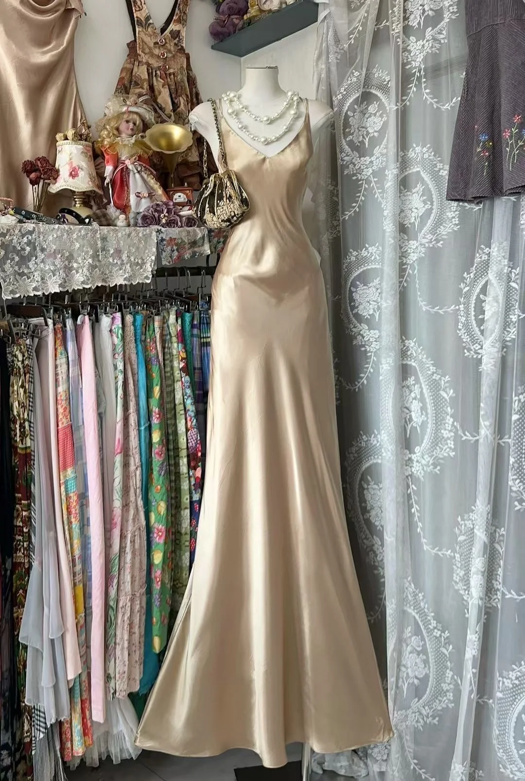 Simple Mermaid Champagne Spaghetti Straps Satin Without Sleeves Long Prom Dress, Evening Dress
