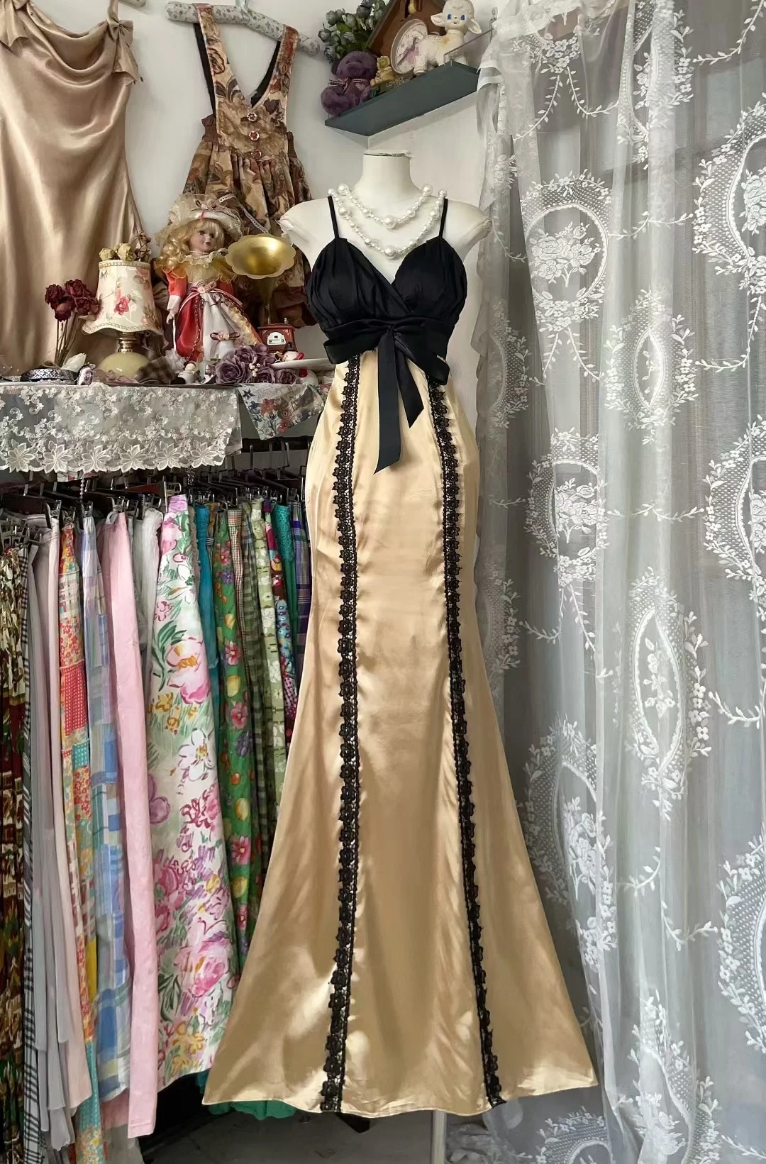 Sexy Mermaid Spaghetti Straps Satin Lace Without Sleeves Long Prom Dress, Evening Dress
