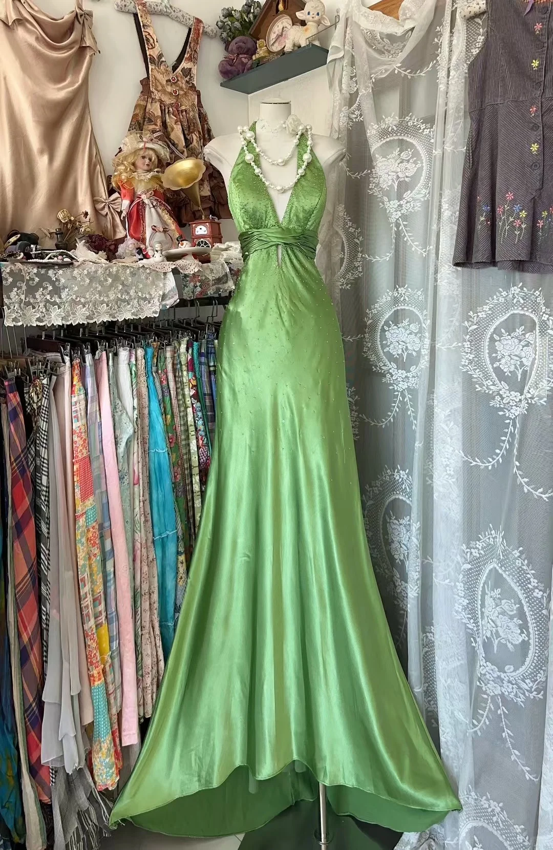 Green Mermaid Halter Satin Beaded Without Sleeves Long Prom Dress, Evening Dress