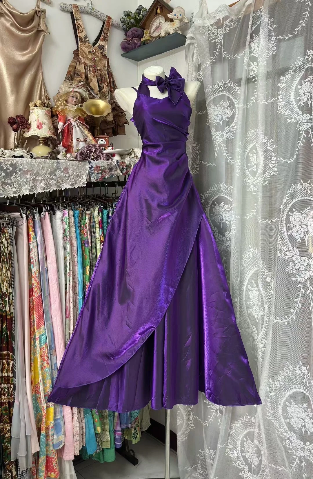 Classy A Line Halter Purple Satin Without Sleeves Long Prom Dress, Evening Dress