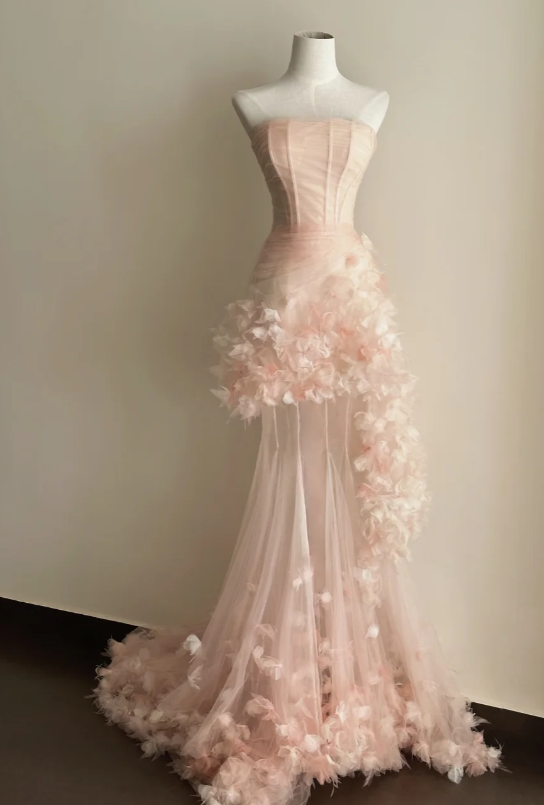 Pretty Mermaid Strapless Tulle Applique Without Sleeves Long Prom Dress, Evening Dress