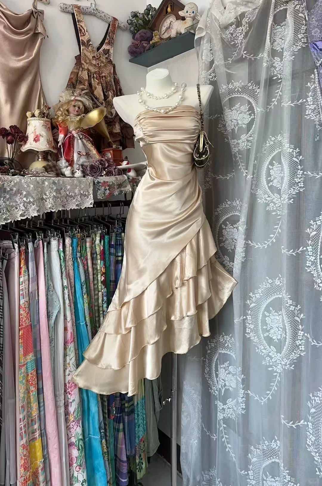 Classy Mermaid Strapless Satin Without Sleeves Tea Length Prom Dress, Evening Dress