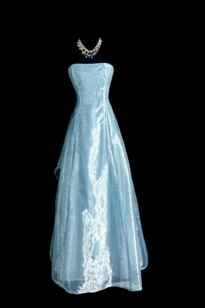 Cute A Line Strapless Pale Blue Satin Chiffon Without Sleeves Long Prom Dress, Evening Dress