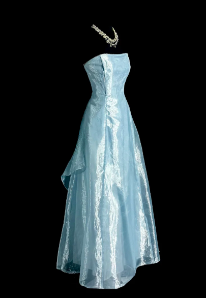 Cute A Line Strapless Pale Blue Satin Chiffon Without Sleeves Long Prom Dress, Evening Dress