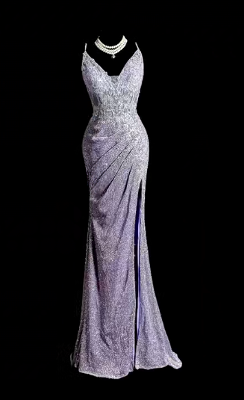 Sparkly Mermaid Spaghetti Straps Sequin Slit Without Sleeves Long Prom Dress, Evening Dress