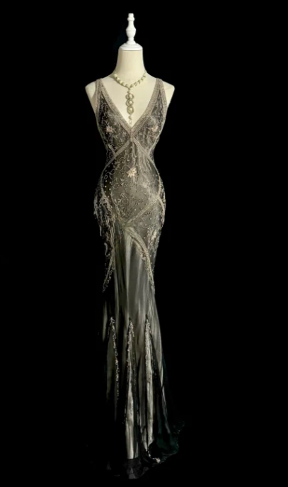 Vintage Mermaid V Neck Satin Beaded Without Sleeves Long Prom Dress, Evening Dress