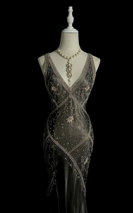 Vintage Mermaid V Neck Satin Beaded Without Sleeves Long Prom Dress, Evening Dress