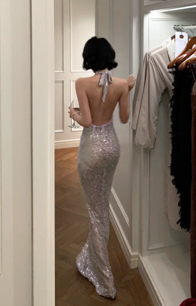 Sparkly Mermaid Halter Sequin Backless Without Sleeves Long Prom Dress, Evening Dress