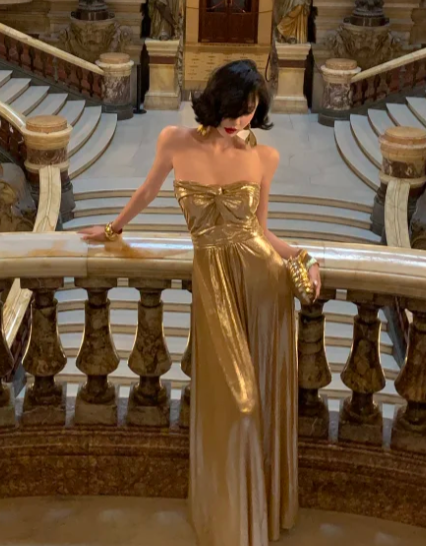 Gold A Line Strapless Satin Without Sleeves Long Prom Dress, Evening Dress