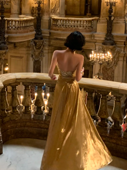 Gold A Line Strapless Satin Without Sleeves Long Prom Dress, Evening Dress