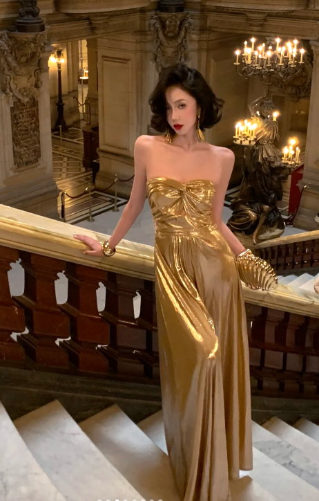 Gold A Line Strapless Satin Without Sleeves Long Prom Dress, Evening Dress
