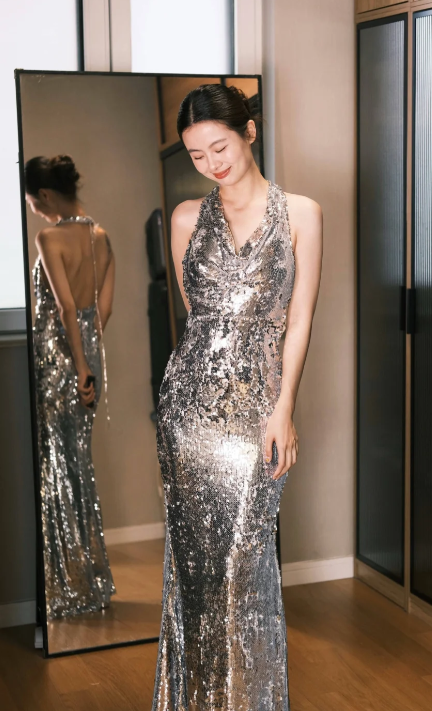 Sparkly Silver Mermaid Halter Sequin Backless Without Sleeves Long Prom Dress, Evening Dress