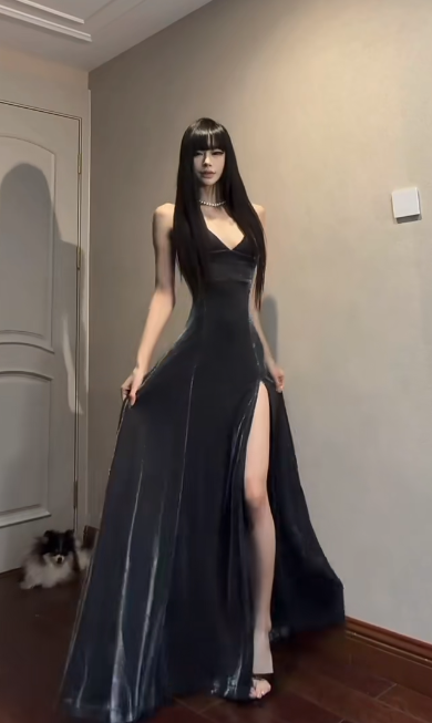 Charming A Line Spaghetti Straps Satin Slit Without Sleeves Long Prom Dress, Evening Dress