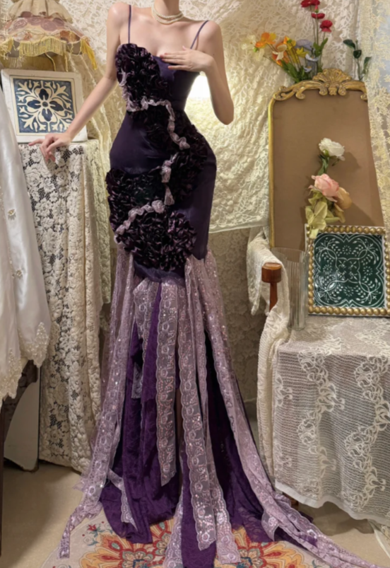 Obsessed Dark Purple Mermaid Spaghetti Straps Satin Lace Without Sleeves Long Prom Dress, Evening Dress