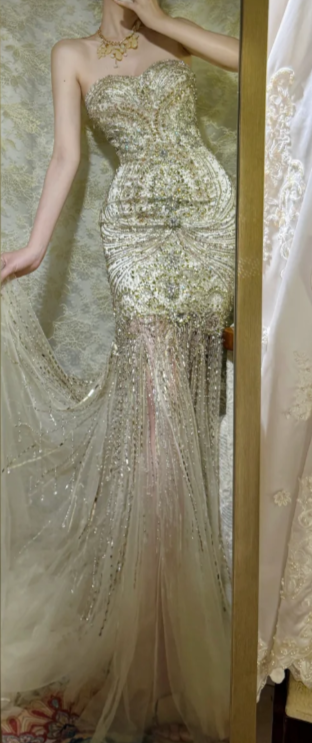 Charming Mermaid Strapless Tulle Sequin Beaded Without Sleeves Long Prom Dress, Evening Dress