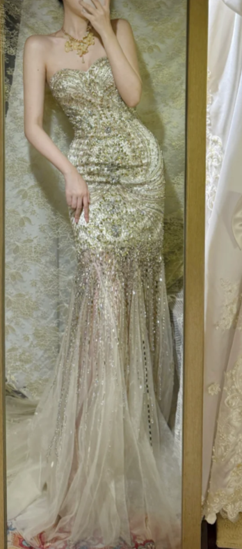 Charming Mermaid Strapless Tulle Sequin Beaded Without Sleeves Long Prom Dress, Evening Dress