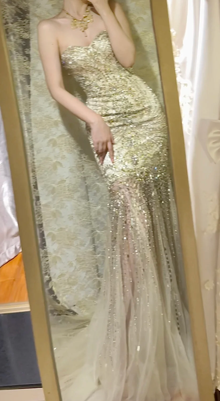Charming Mermaid Strapless Tulle Sequin Beaded Without Sleeves Long Prom Dress, Evening Dress