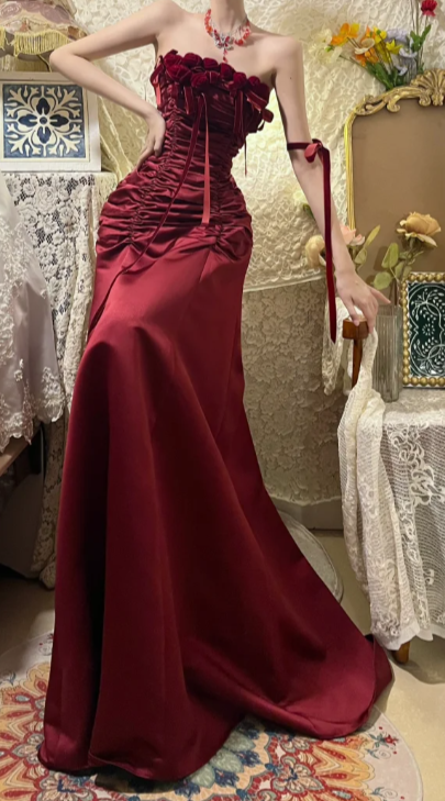 Chic A Line Burgundy Strapless Satin Without Sleeves Long Prom Dress, Evening Dress