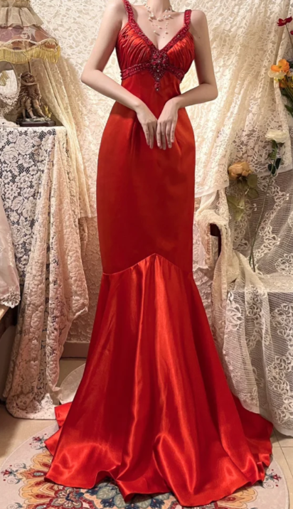 Classy Mermaid Red V Neck Satin Beaded Without Sleeves Long Prom Dress, Evening Dress