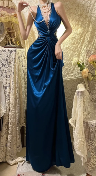 Elegant Mermaid V Neck Satin Sequin Without Sleeves Long Prom Dress, Evening Dress