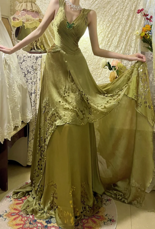 Chic A Line V Neck Satin Hollow Without Sleeves Long Prom Dress, Evening Dress