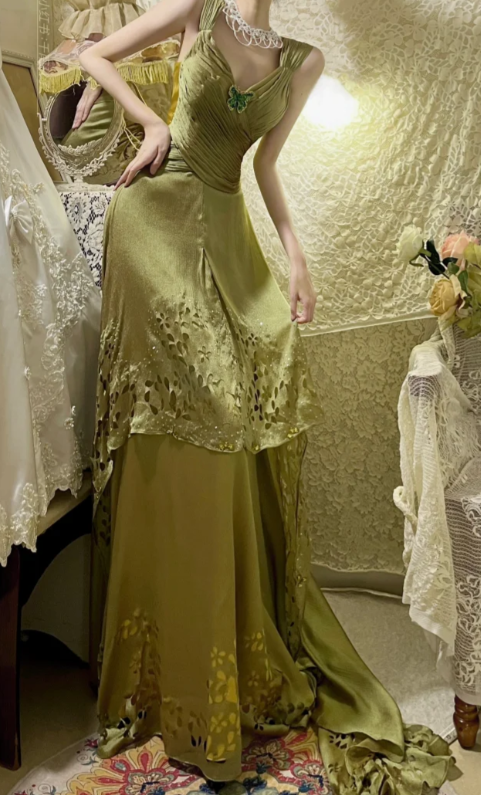 Chic A Line V Neck Satin Hollow Without Sleeves Long Prom Dress, Evening Dress